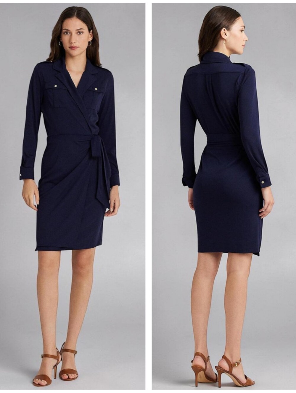 Lauren Ralph Lauren Navy Wrap Shirt Dress M Tie Waist Long Sleeve